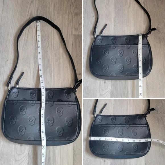 Mad Engine Monogram Skull Embossed Black Shoulder Zippered Bag, 19" - Picture 6 of 16